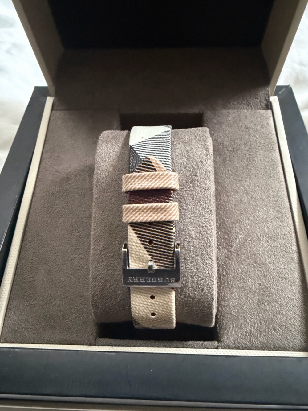 Burberry Silver-Tone Rectangular Watch with Black and Beige Check Strap - Picture 3 of 7